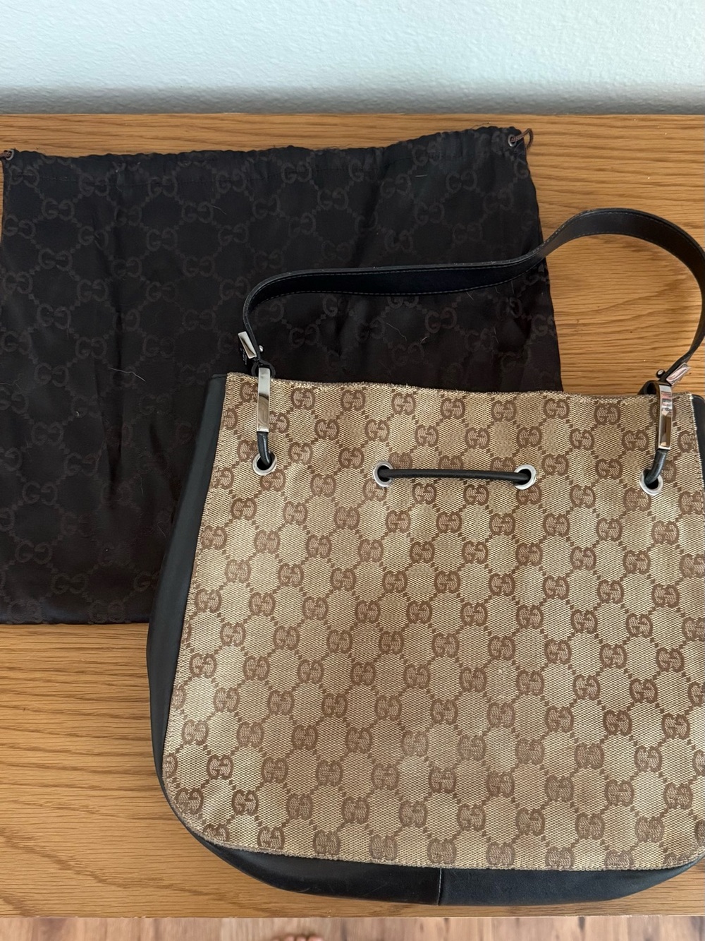 Gucci Brown GG Canvas Shoulder Bag with Black Leather Trim